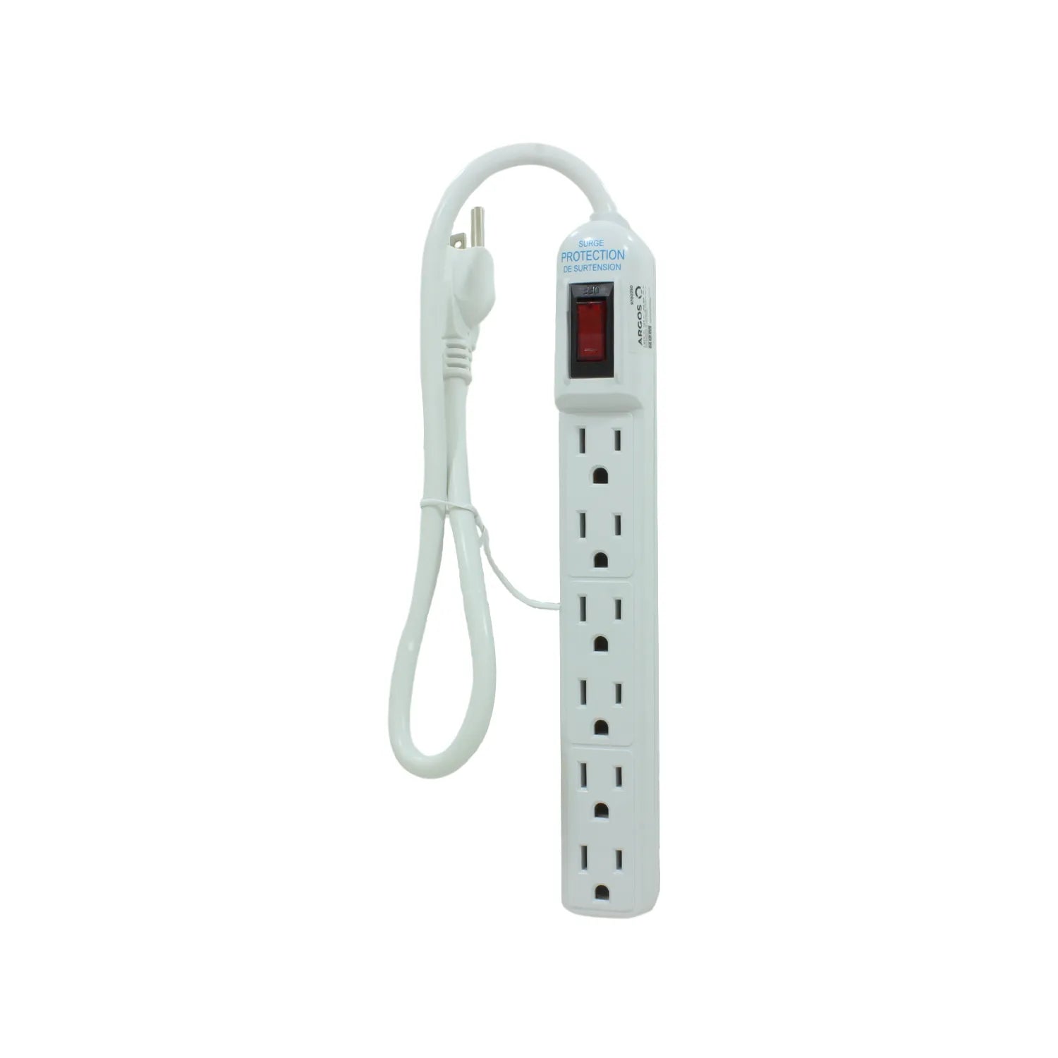 Regleta blanca de 6 tomas con protector de sobretensión e interruptor de encendido