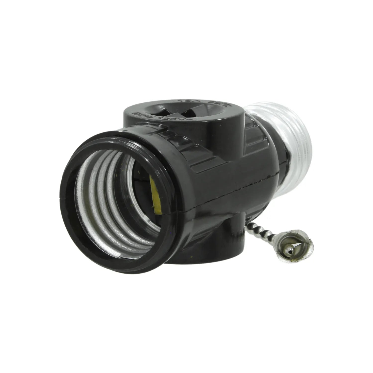 Adaptador de socket negro con cadena de tiro y dos tomacorrientes laterales para focos E27