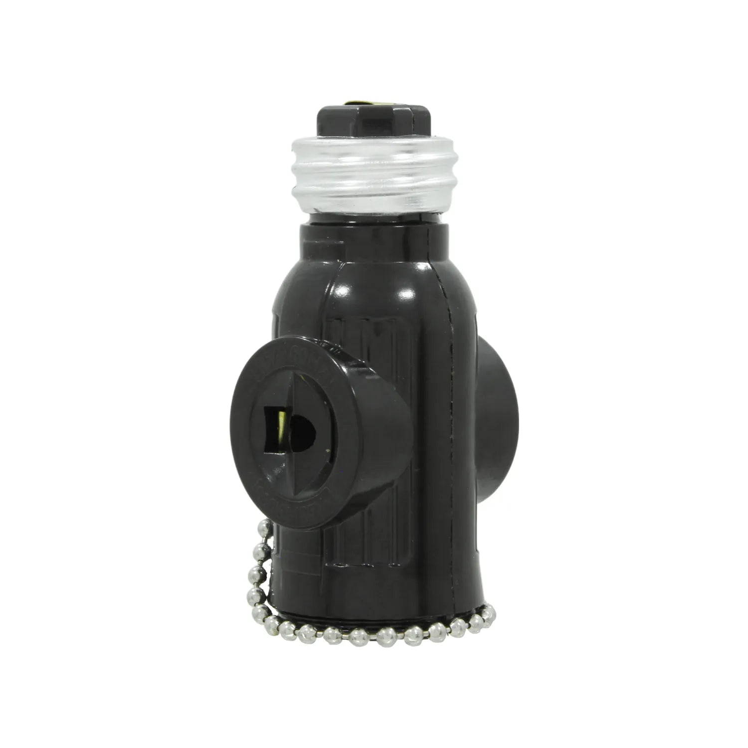 Adaptador de socket negro con cadena y dos contactos laterales para foco y conexión de accesorios eléctricos.