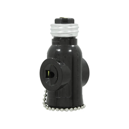 Adaptador de socket negro con cadena y dos contactos laterales para foco y conexión de accesorios eléctricos.
