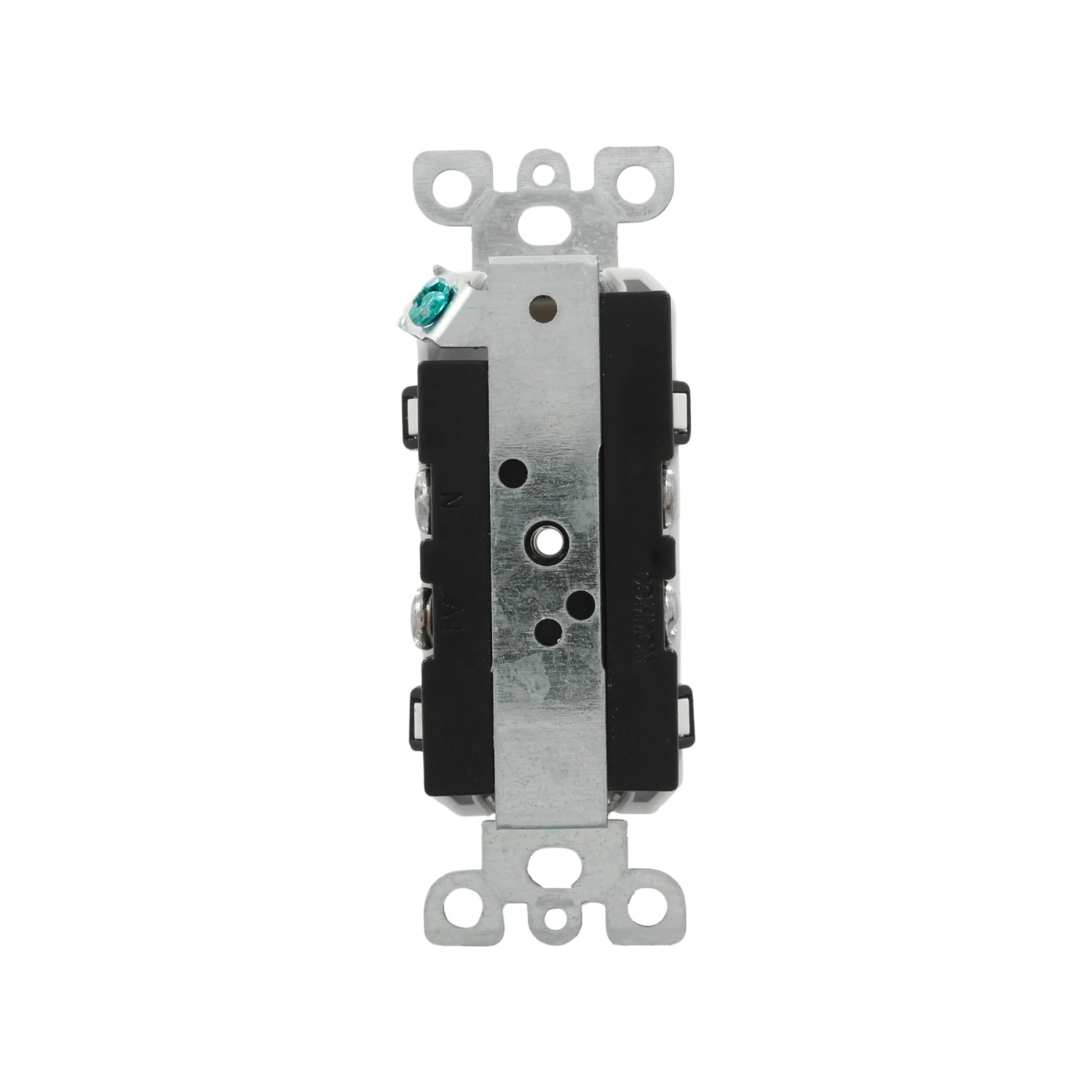 Contacto dúplex eléctrico residencial, vista lateral con cuerpo negro, tornillo de tierra verde y terminales de conexión.