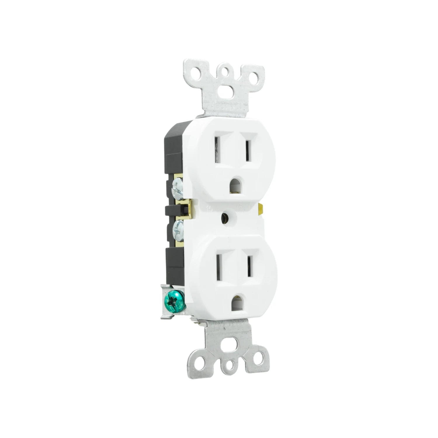 Contacto dúplex blanco con dos enchufes de 3 clavijas y toma de tierra para instalación eléctrica