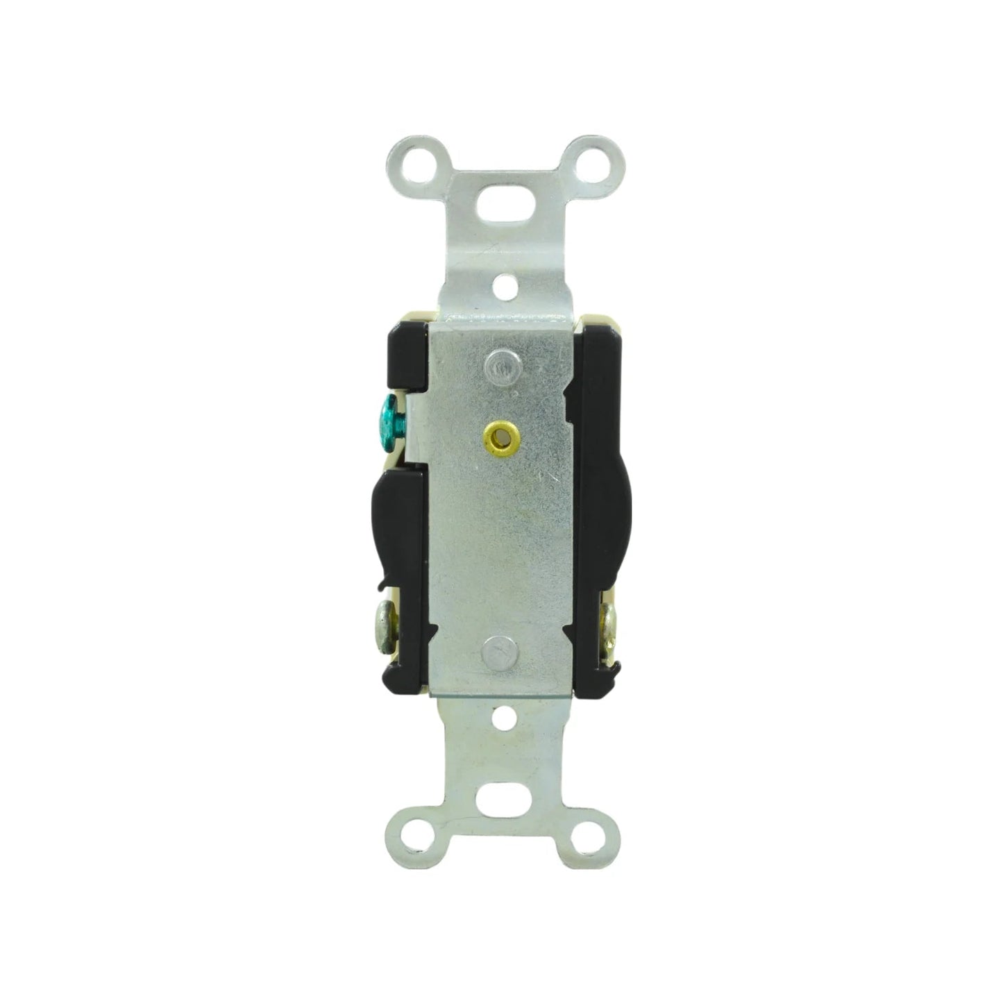 Mecanismo de interruptor eléctrico unipolar, vista lateral con terminales de tornillo para cableado, placa de montaje metálica