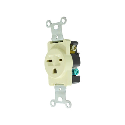 Contacto sencillo 20A 125V aterrizado NEMA 5-20R color marfil para instalaciones eléctricas residenciales.