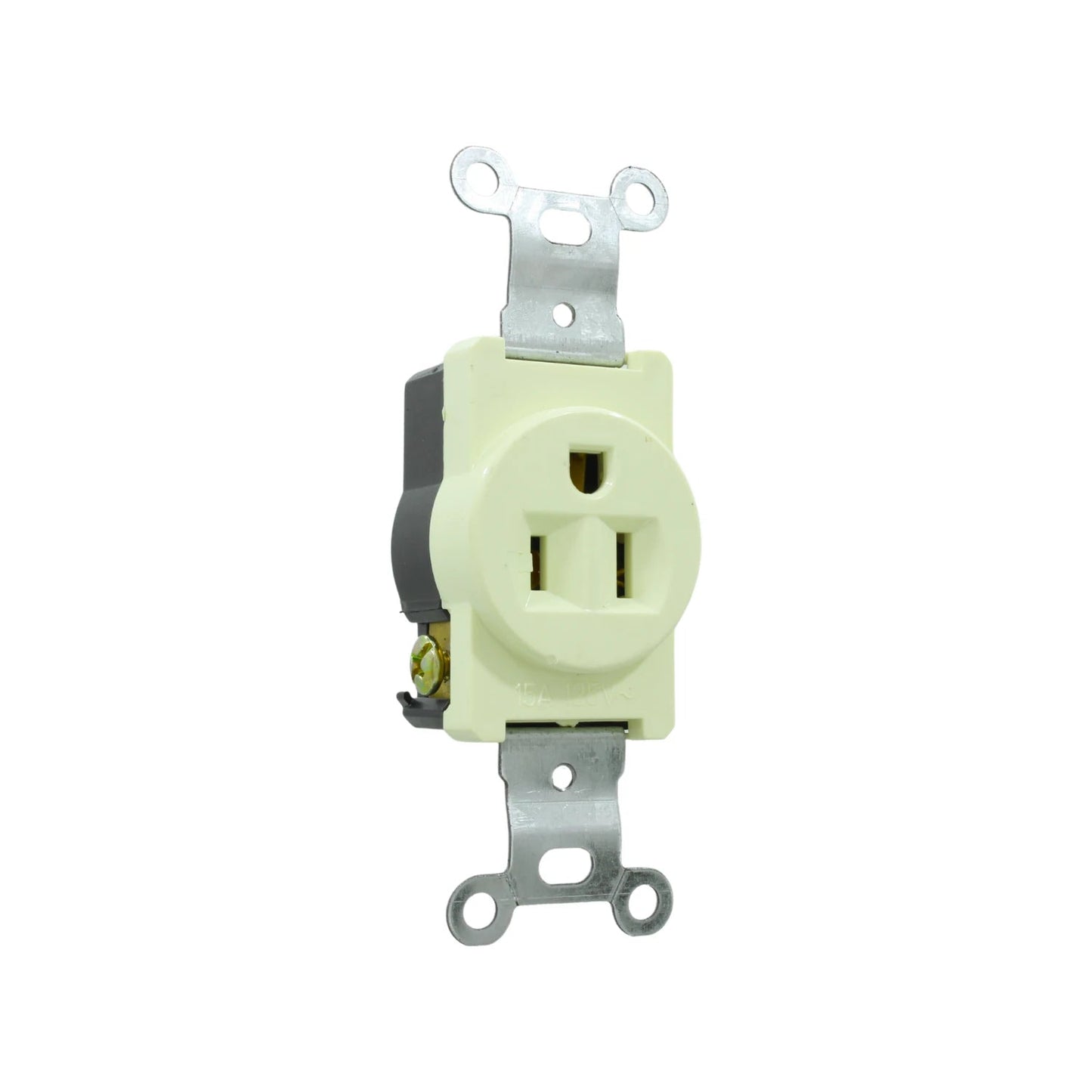 Contacto sencillo aterrizado 15A 125V, tipo NEMA 5-15R, color marfil para instalación eléctrica
