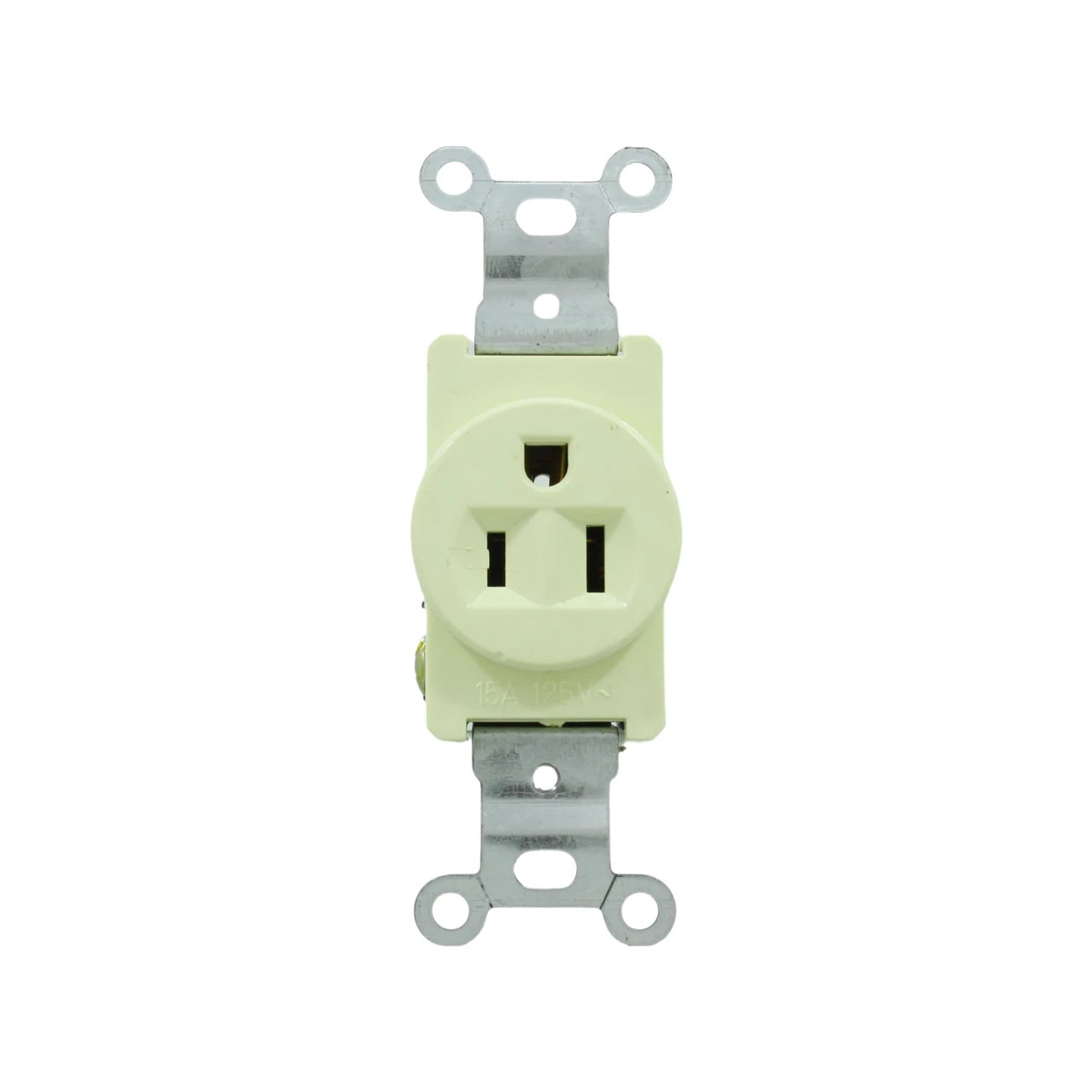 Contacto eléctrico sencillo aterrizado 15A 125V, color crema, para instalaciones residenciales.