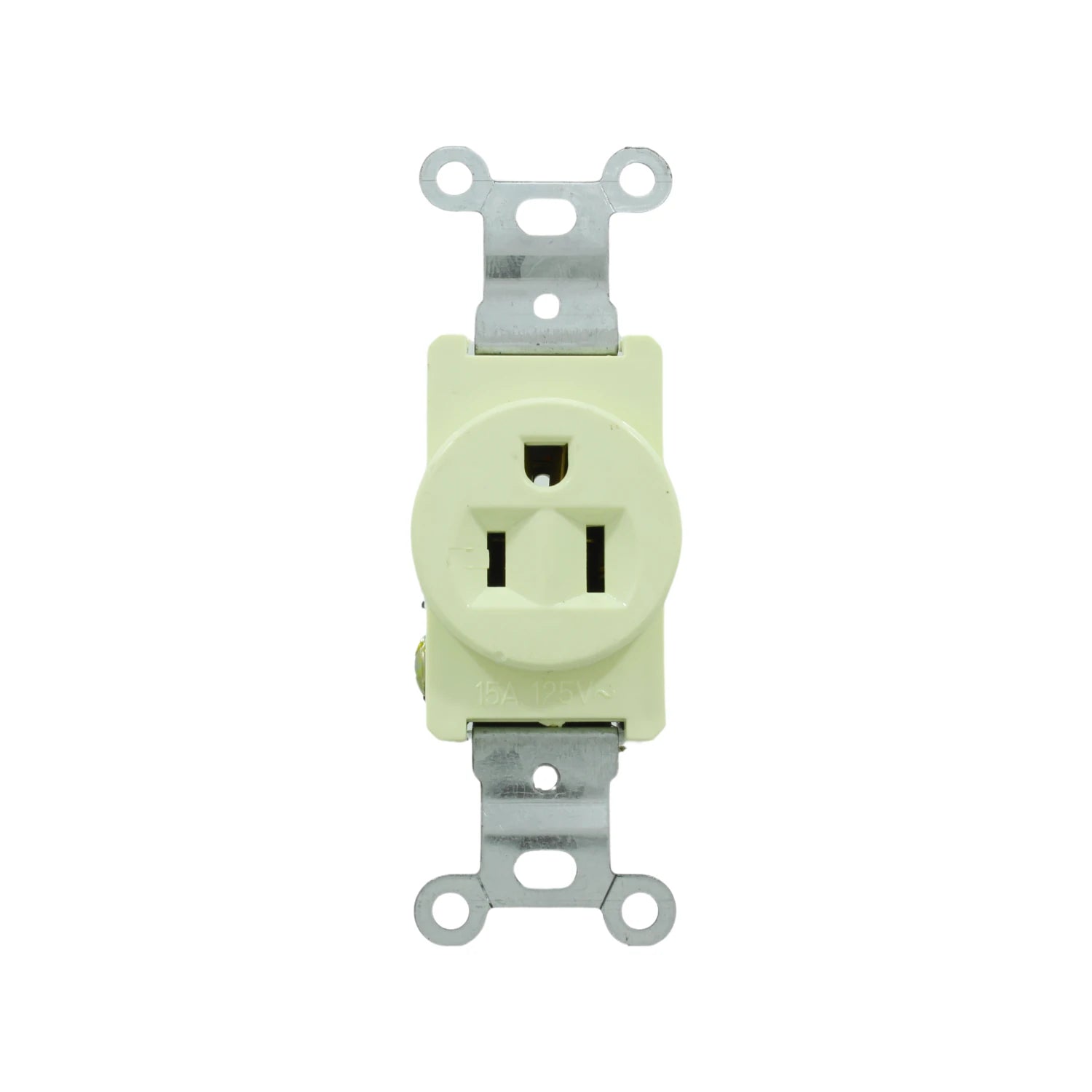 Contacto eléctrico sencillo aterrizado 15A 125V, color crema, para instalaciones residenciales.