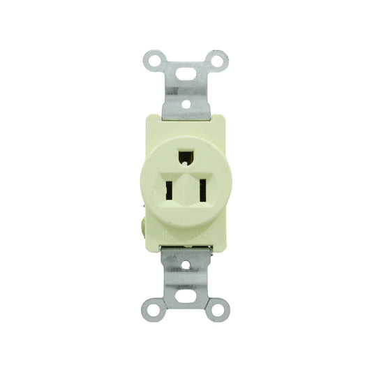 Contacto eléctrico sencillo aterrizado 15A 125V, color crema, para instalaciones residenciales.