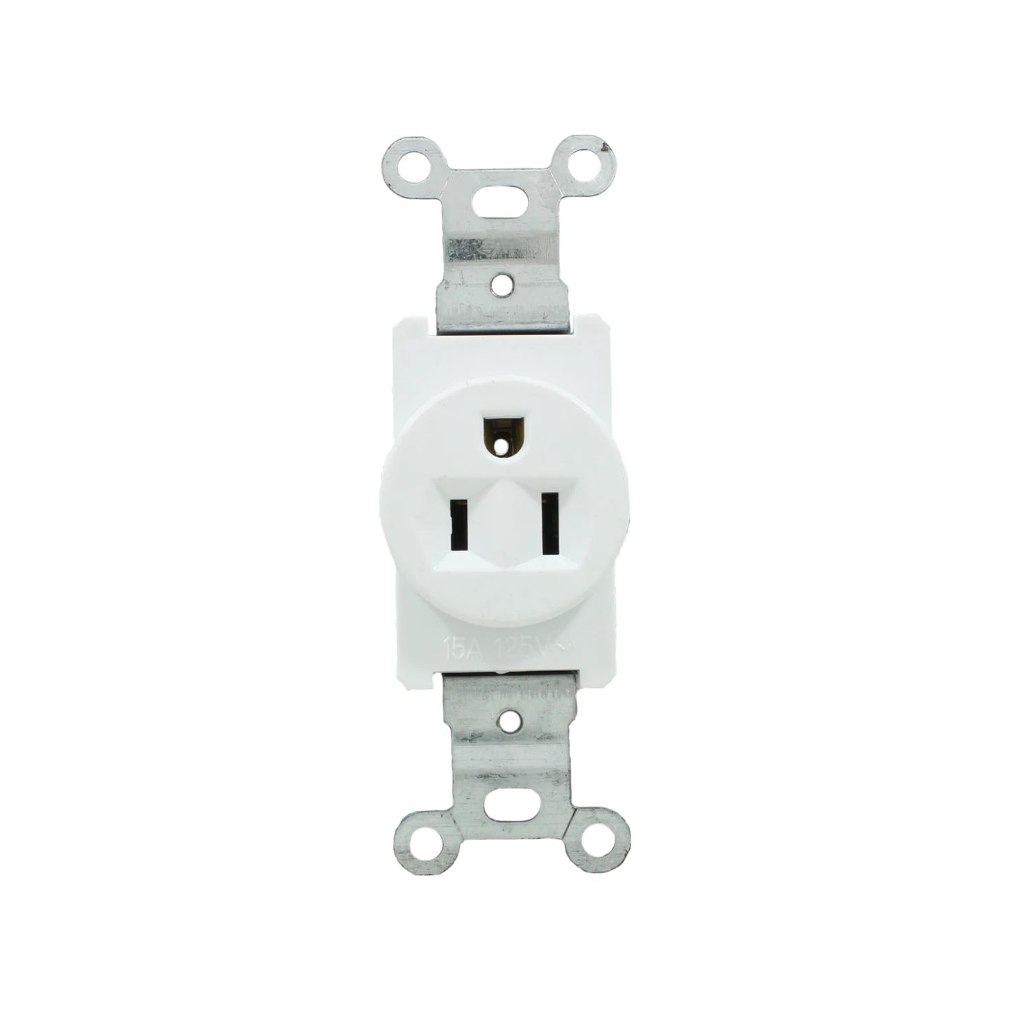 Contacto sencillo aterrizado blanco 15A 125V para instalación eléctrica.