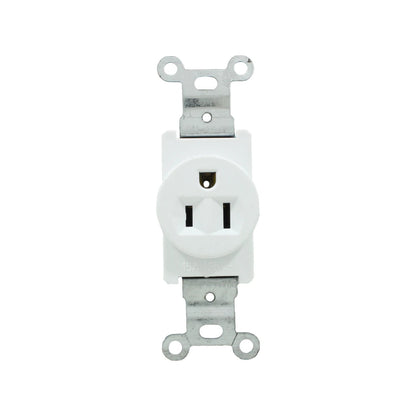 Contacto sencillo aterrizado blanco 15A 125V para instalación eléctrica.