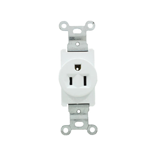 Contacto sencillo aterrizado blanco 15A 125V para instalación eléctrica.