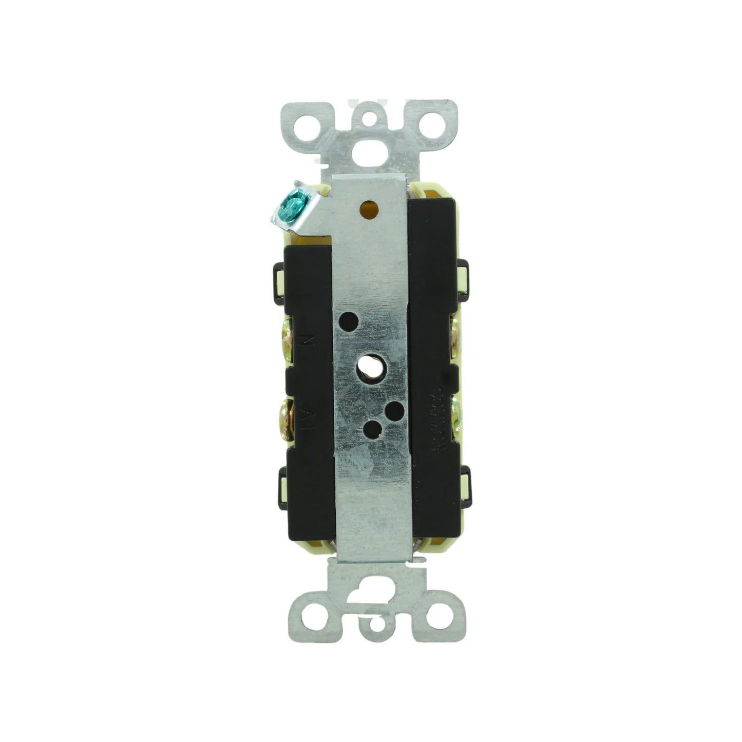 Mecanismo de cableado eléctrico, vista lateral con tornillo de tierra verde y placa de montaje metálica