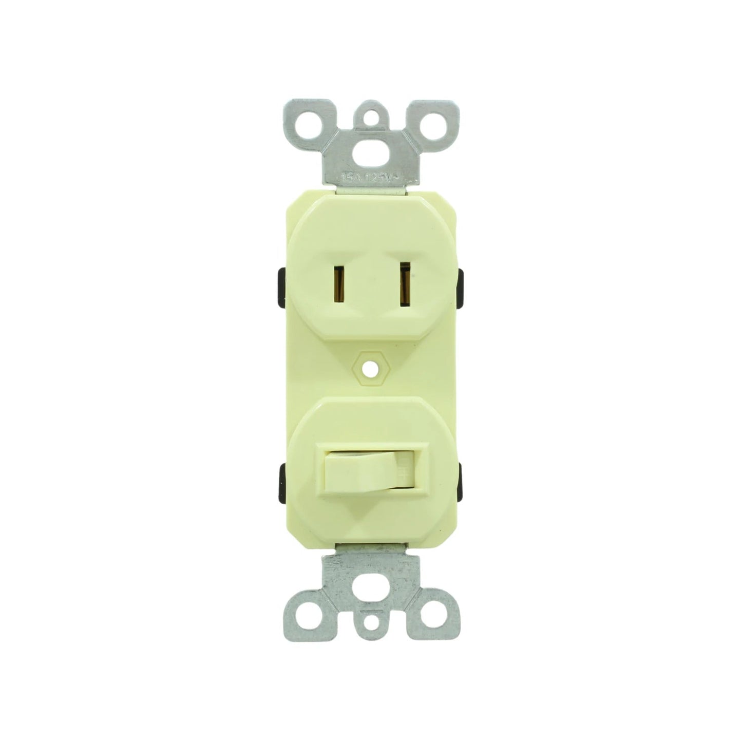 Contacto dúplex marfil con apagador, 15A 125V. Salida eléctrica e interruptor de luz.