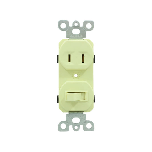 Contacto dúplex marfil con apagador, 15A 125V. Salida eléctrica e interruptor de luz.