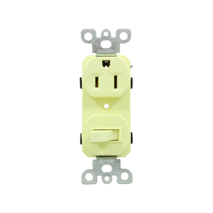 Receptáculo y apagador de palanca combinado marfil, 15A 125V aterrizado, para uso eléctrico residencial