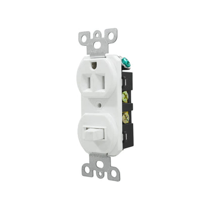 Contacto dúplex con apagador de palanca blanco, aterrizado, para instalación eléctrica de pared
