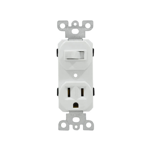 Contacto dúplex aterrizado y apagador de luz blanco, un módulo para instalaciones eléctricas, enchufe e interruptor