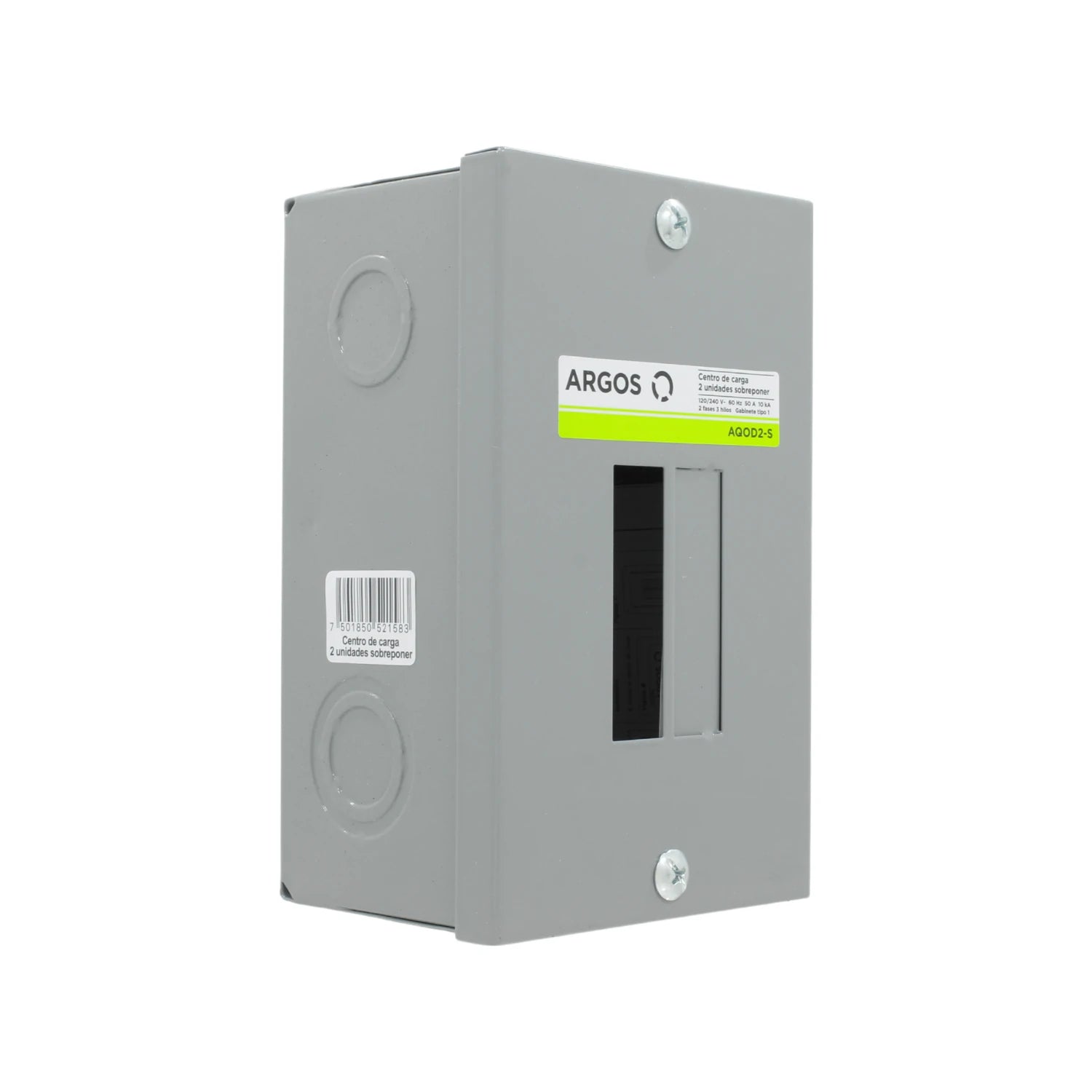 Centro de carga Argos gris de 2 unidades para sobreponer AQOD2-S, caja metálica para instalación eléctrica.