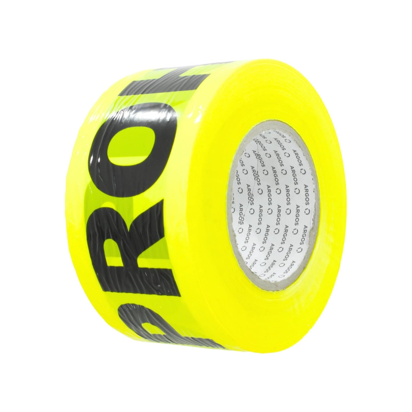 Rollo de cinta de precaución amarilla brillante, marca Argos, con inscripción "PROHIBIDO EL PASO" en negro.