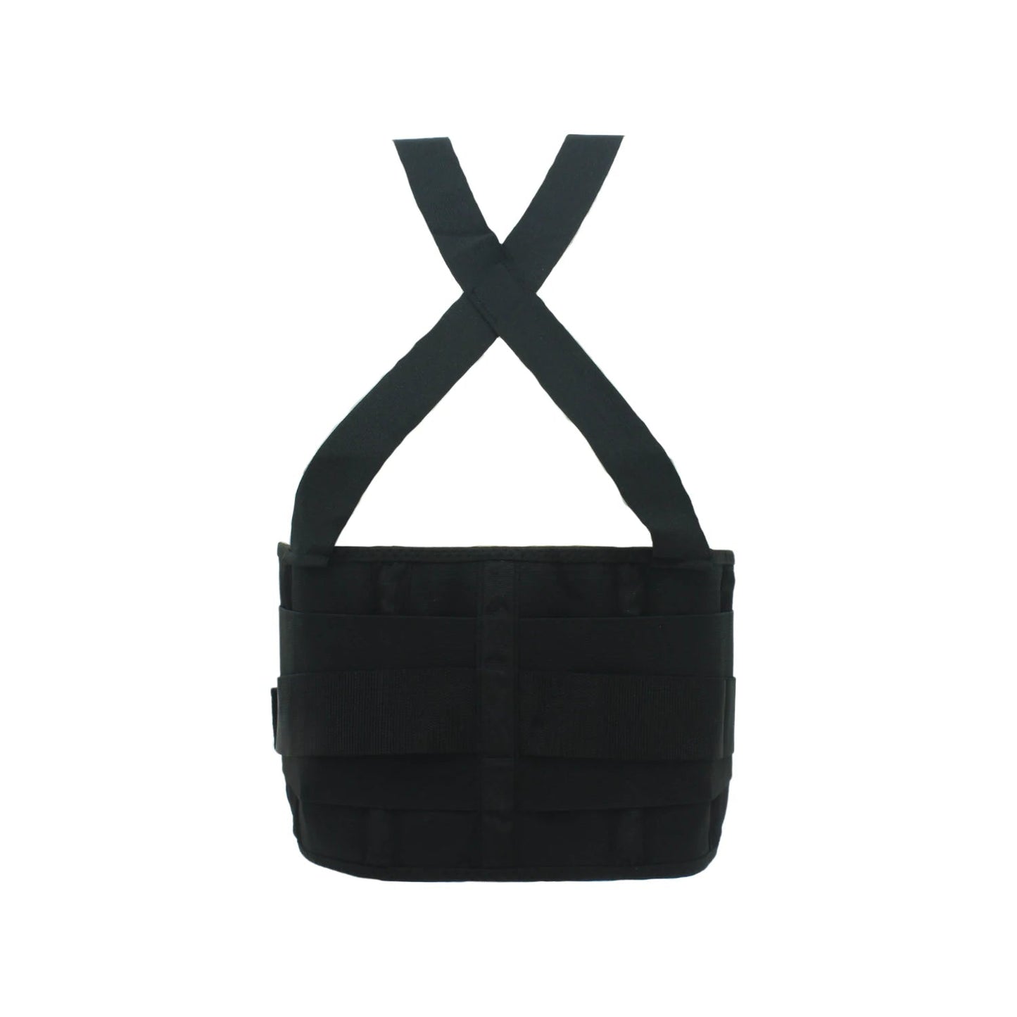 Faja de soporte lumbar industrial negra con tirantes en X para trabajo y protección de espalda.