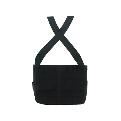 Faja de soporte lumbar industrial negra con tirantes en X para trabajo y protección de espalda.