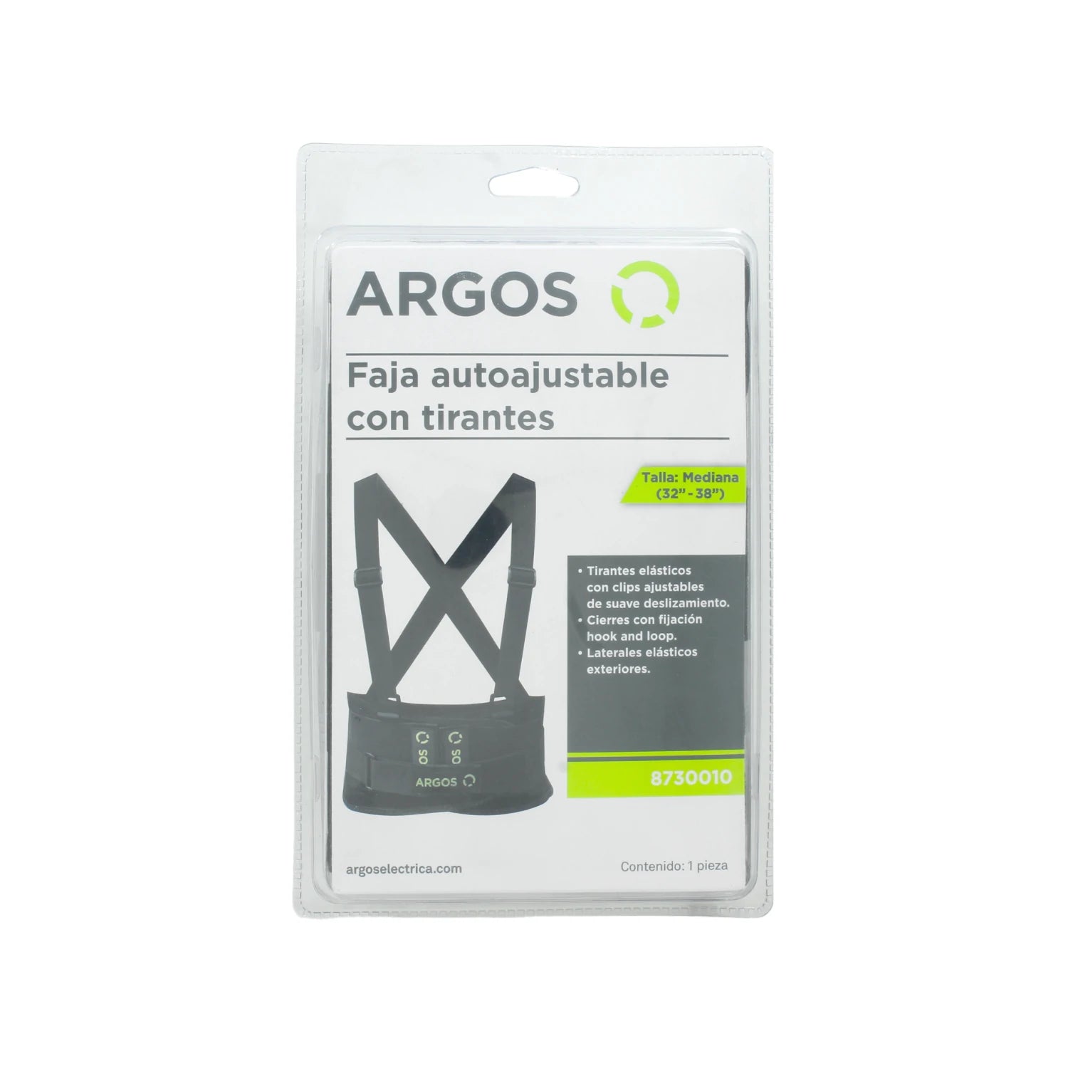 Faja lumbar industrial Argos negra talla mediana (32-38") con tirantes elásticos ajustables y cierres de velcro.