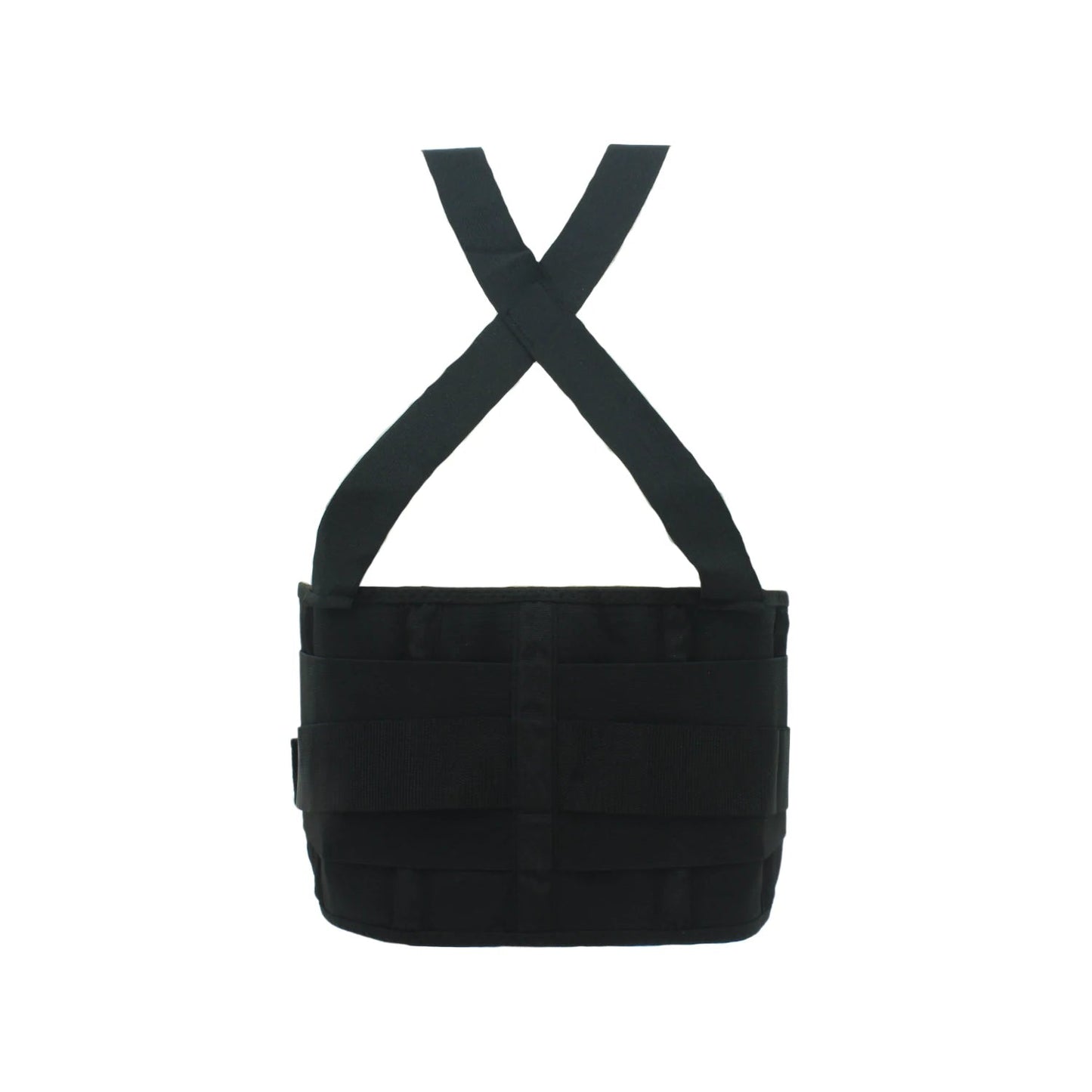 Faja industrial negra con tirantes cruzados, soporte lumbar ergonómico para protección de espalda.