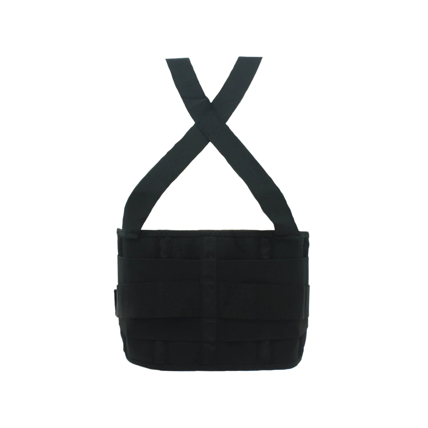 Faja industrial negra con tirantes cruzados, soporte lumbar ergonómico para protección de espalda.