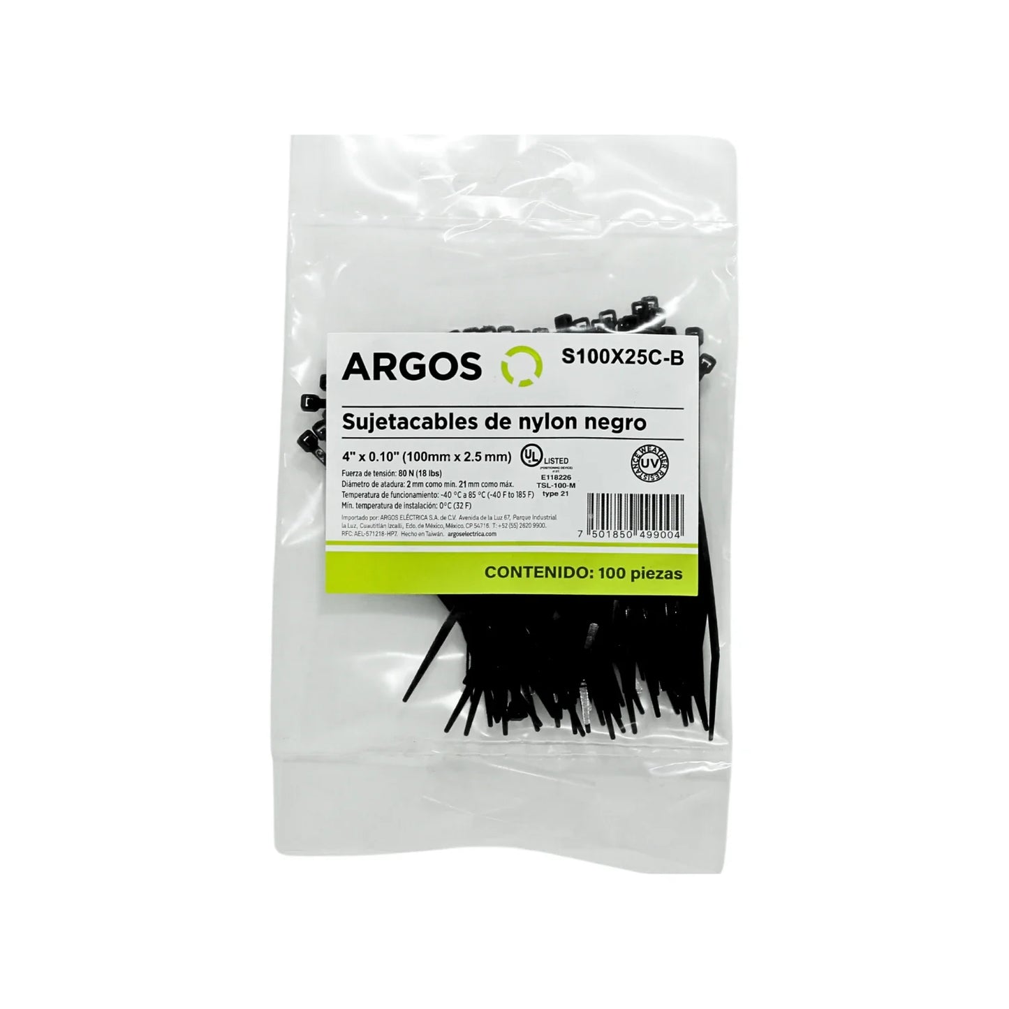 Cincho 4" (10.16 cm) negro 100 piezas Argos S100X25C-B