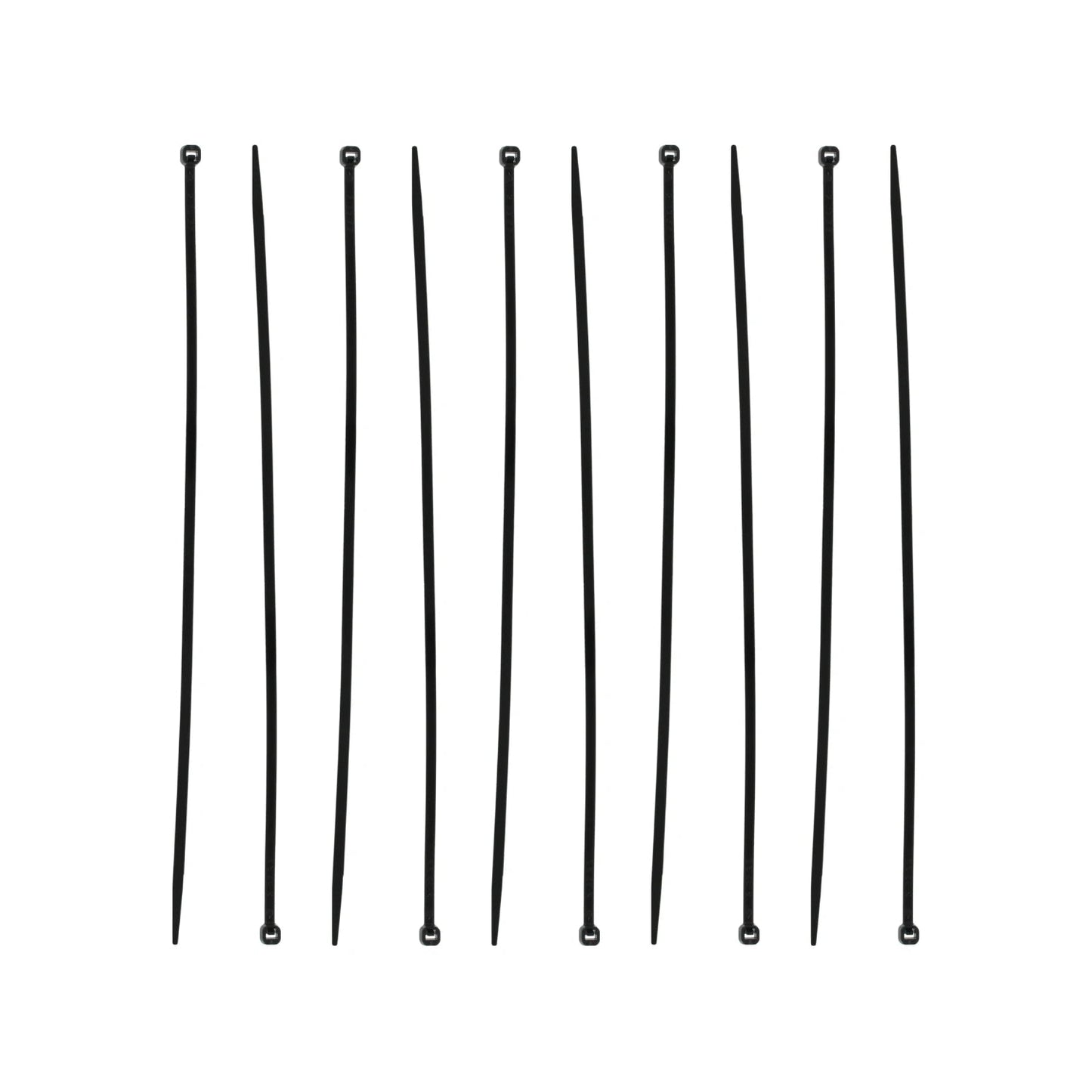 Diez cinchos de plástico negros para cables, bridas de nylon para organizar y asegurar elementos.