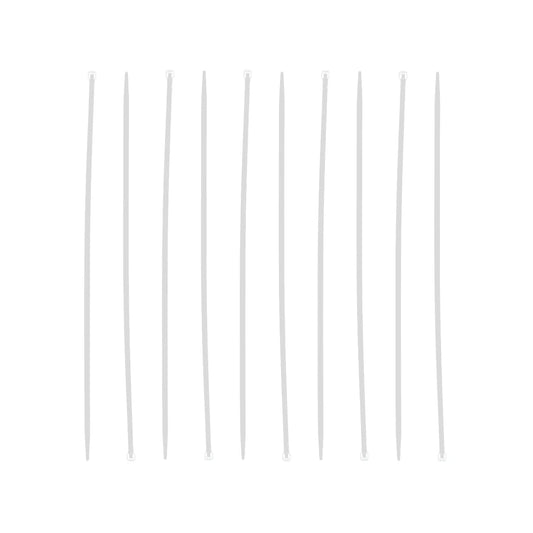 Diez cinchos blancos de plástico para organizar y sujetar cables, ideales en instalaciones eléctricas y ferretería.