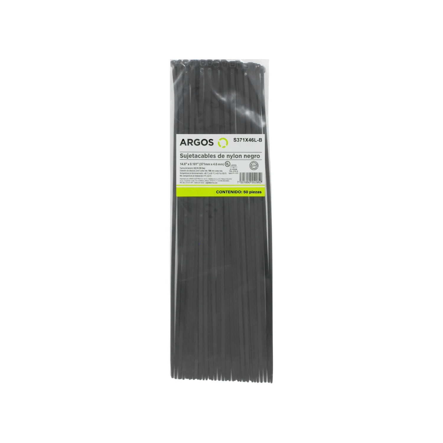 Cinchos de nylon negro Argos S371X46L-B, 14.6 x 0.181 pulgadas (371x4.6mm), paquete de 50 piezas.