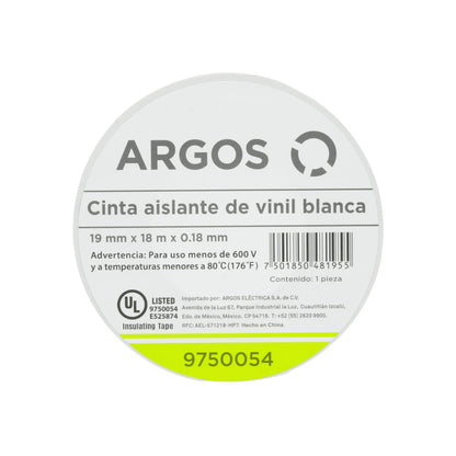 Cinta aislante de vinil blanca Argos 19mm x 18m, 600V, 80°C, para instalación eléctrica. UL Listed 9750054.