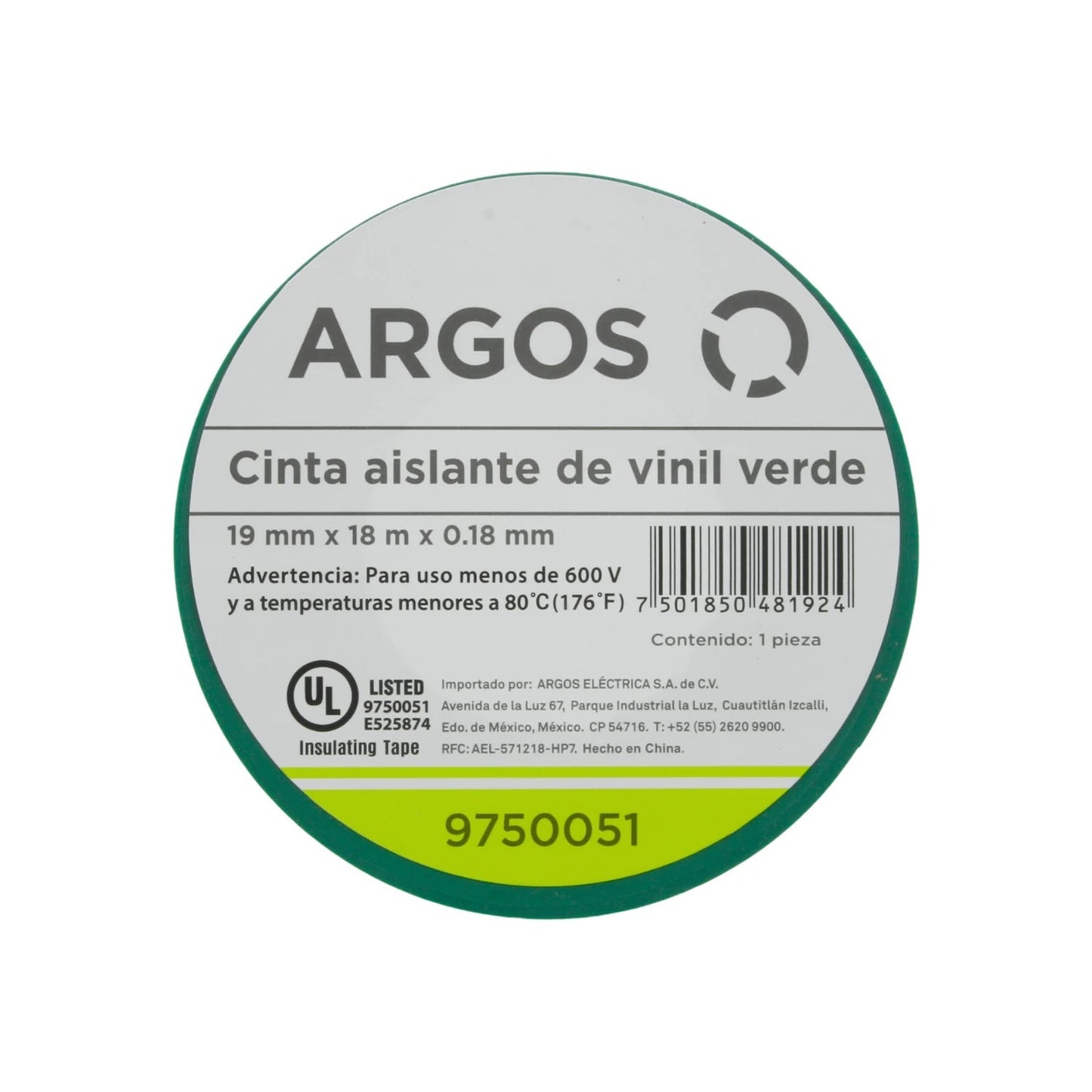 Cinta aislante de vinil verde Argos, 19mm x 18m, soporta hasta 600V, para uso eléctrico profesional.