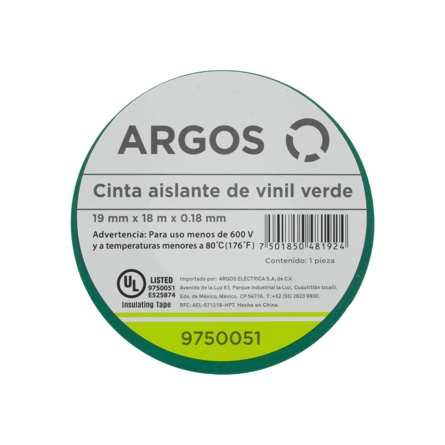 Cinta aislante de vinil verde Argos, 19mm x 18m, soporta hasta 600V, para uso eléctrico profesional.