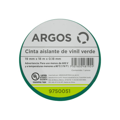 Cinta aislante de vinil verde Argos, 19mm x 18m, soporta hasta 600V, para uso eléctrico profesional.