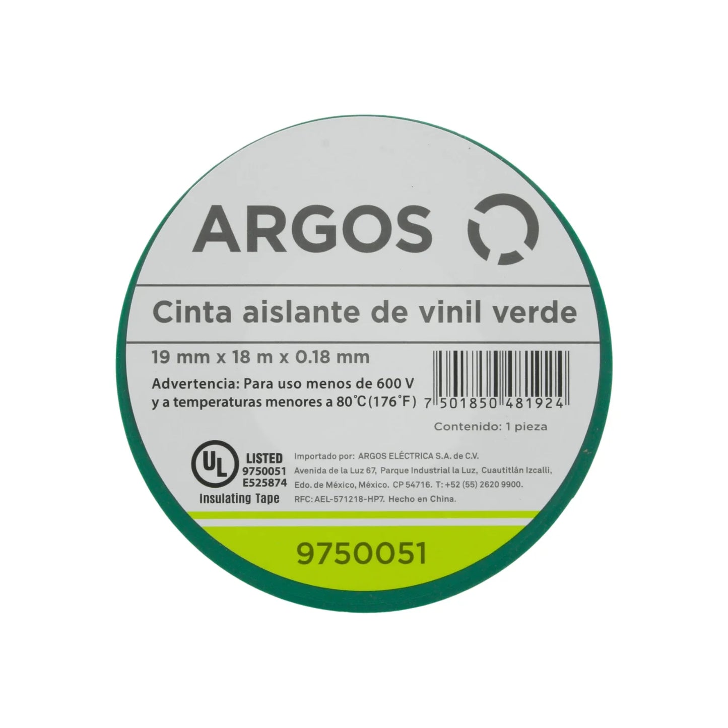 Cinta de aislar verde 18 m Argos 9750051