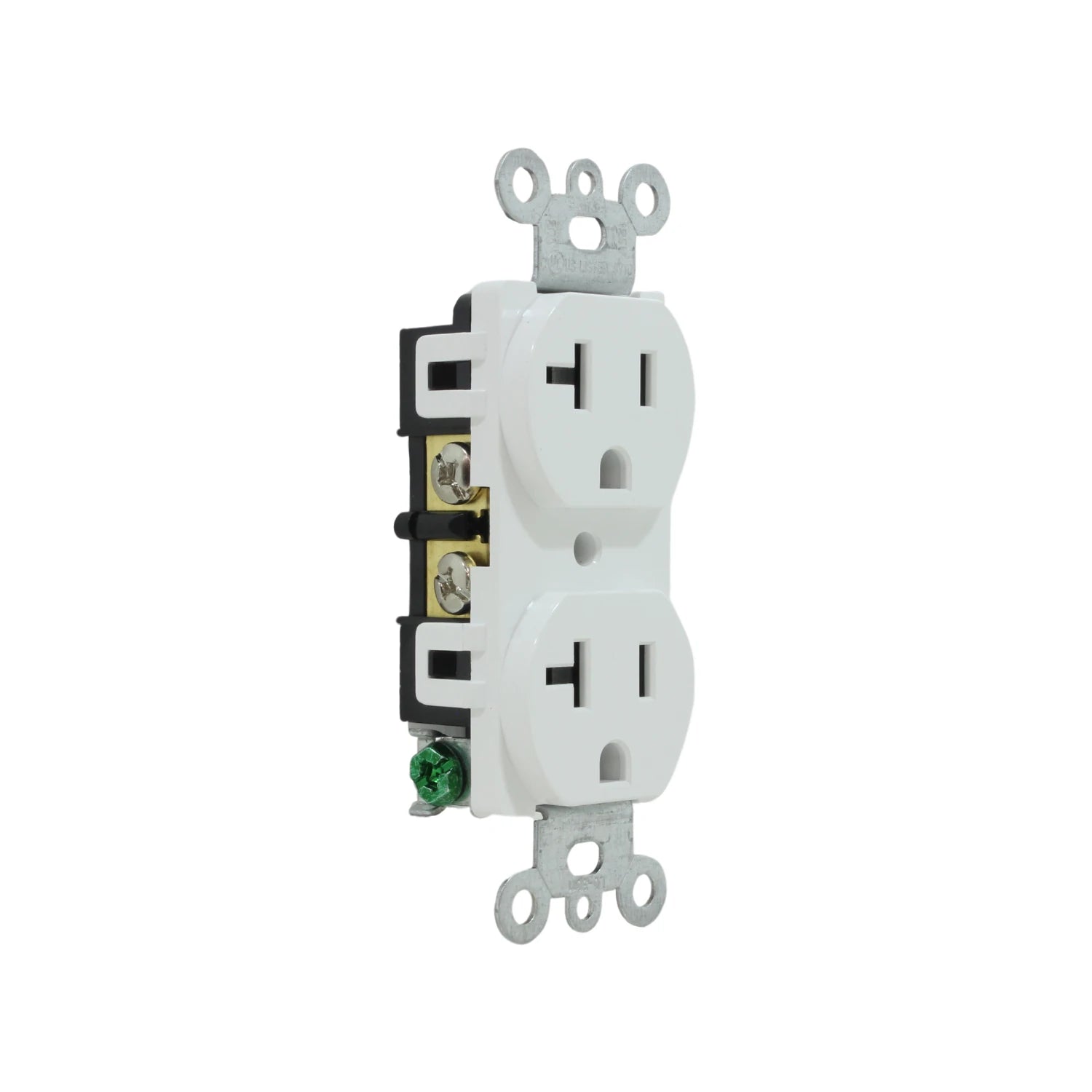 Contacto eléctrico dúplex blanco con receptáculos de 3 orificios, tornillo de tierra verde para instalación.
