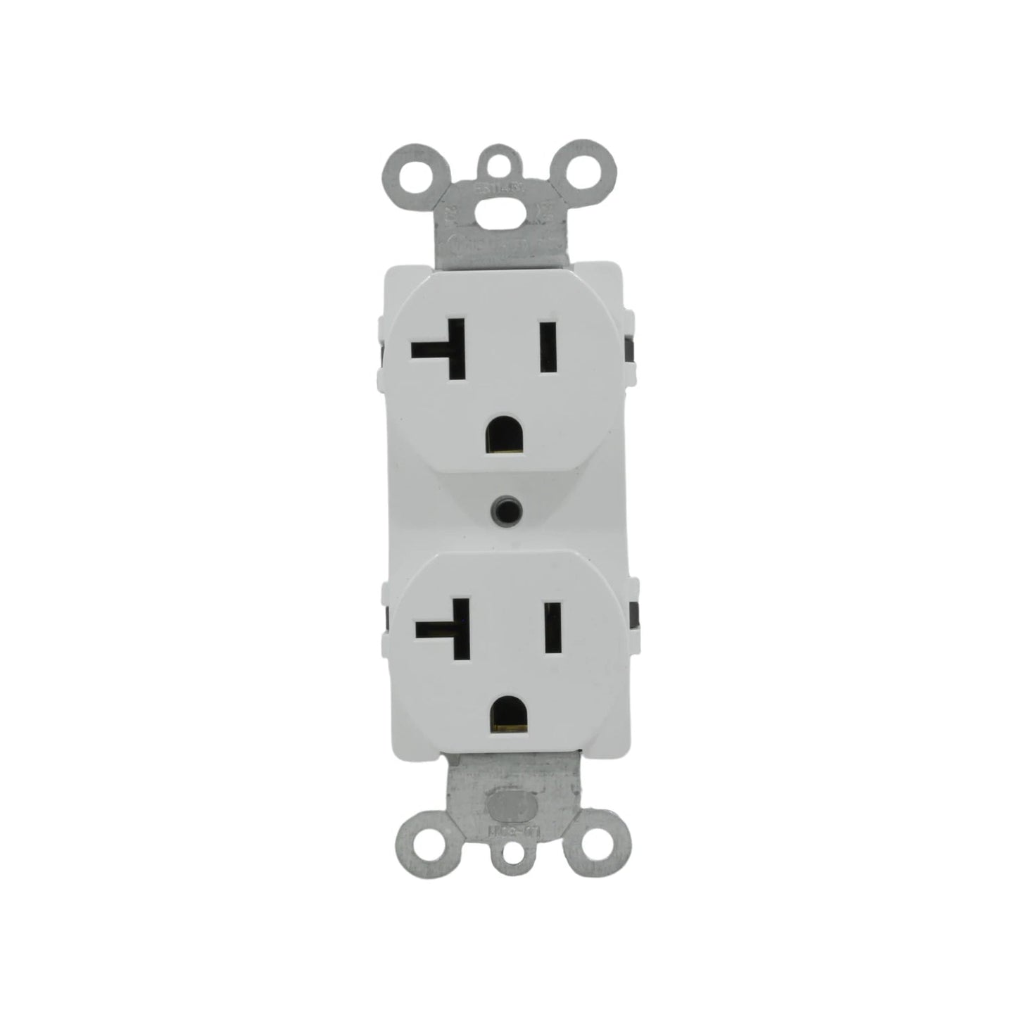 Contacto dúplex blanco 20A, tomacorriente eléctrico NEMA 5-20R para instalaciones residenciales y comerciales.