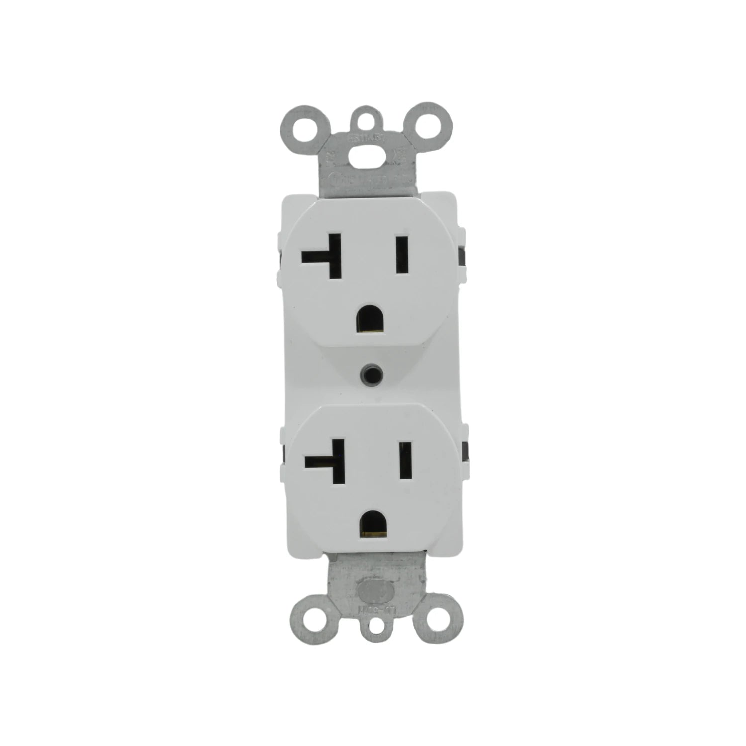 Contacto dúplex blanco 20A, tomacorriente eléctrico NEMA 5-20R para instalaciones residenciales y comerciales.