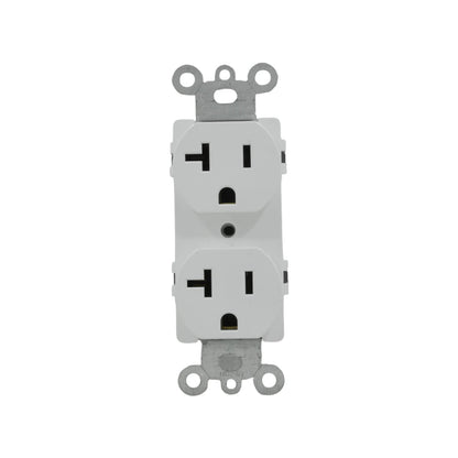Contacto dúplex blanco 20A, tomacorriente eléctrico NEMA 5-20R para instalaciones residenciales y comerciales.