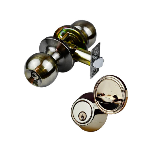 Combo cerradura de perilla y cerrojo para puerta, acabado en cobre antiguo