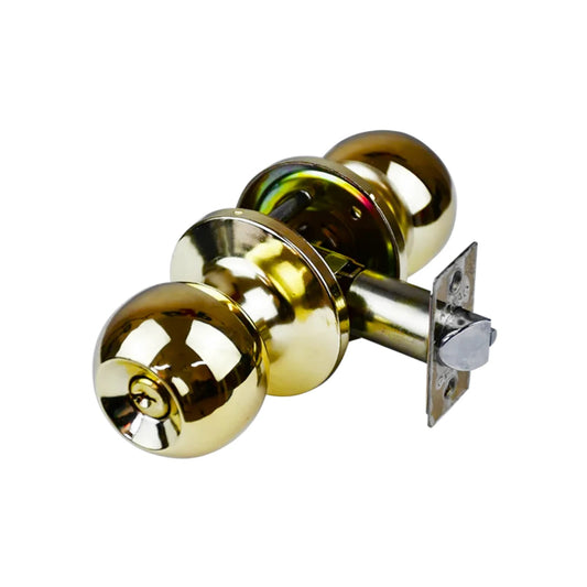 Chapa pomo esfera dorada brillante para puerta, con cerradura de seguridad y ranura de llave.