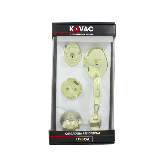 Cerradura residencial Kovac Lisboa dorada, juego de manija y cerrojo de seguridad para entrada principal.