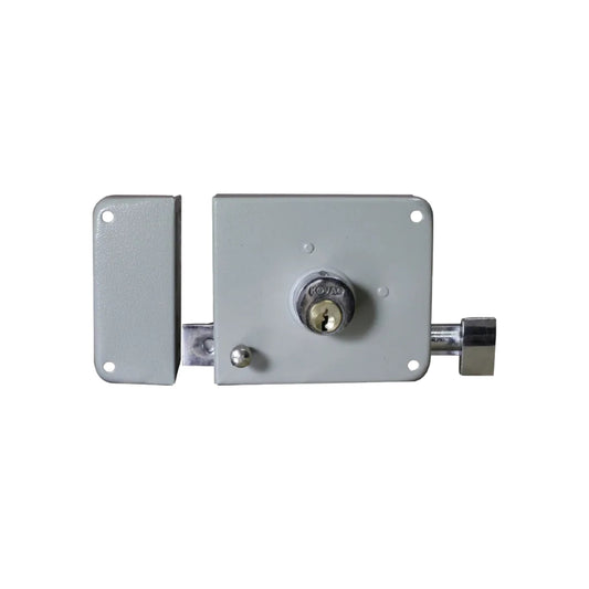 Cerradura sobreponer izquierda Kovac, chapa metálica gris para puerta con cilindro de seguridad