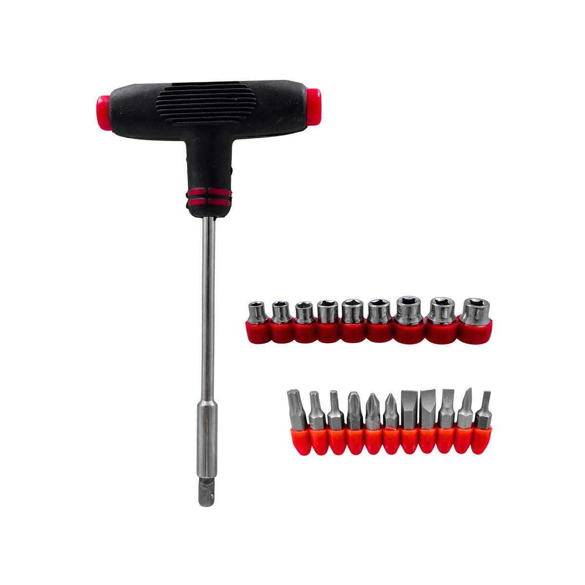 Set desarmador tipo T con 22 puntas Phillips, planas, Torx y dados, mango negro y rojo ergonómico