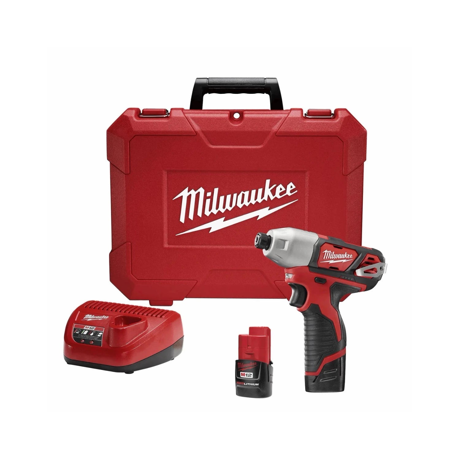 Desatornillador de impacto inalámbrico Milwaukee M12, 1/4", con dos baterías, cargador y maletín de transporte rojo.
