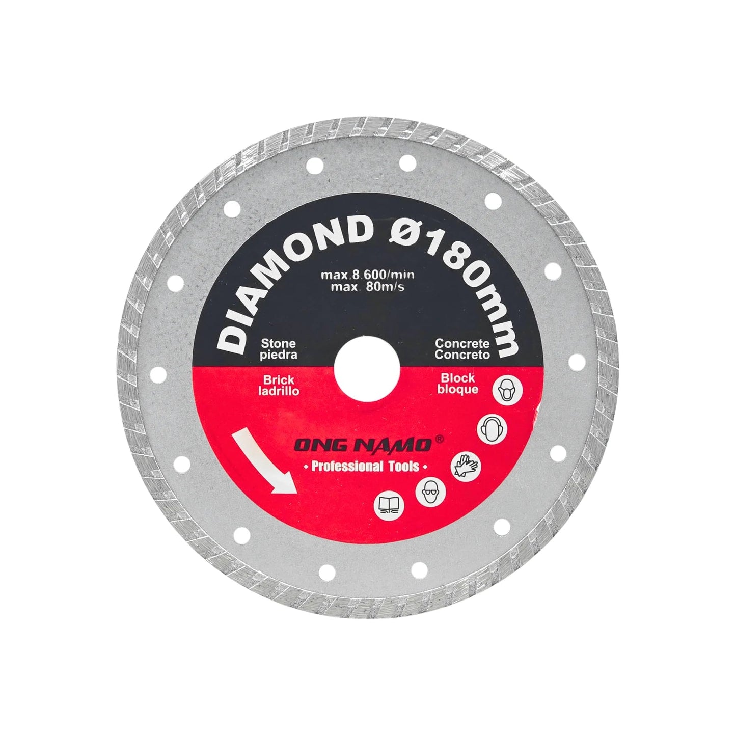Disco de corte diamantado ONG NAMO Ø180mm para piedra, ladrillo, concreto y bloque. Herramienta profesional.