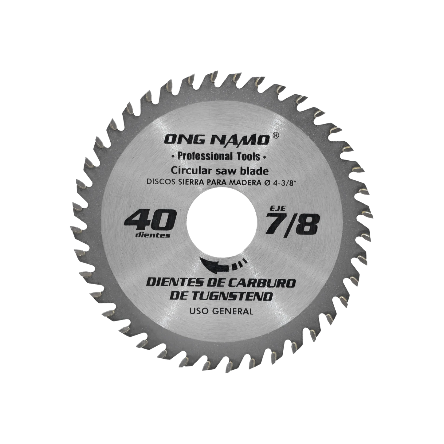 Disco sierra circular ONG NAMO 4 3/8" para madera, 40 dientes carburo tungsteno, eje 7/8"