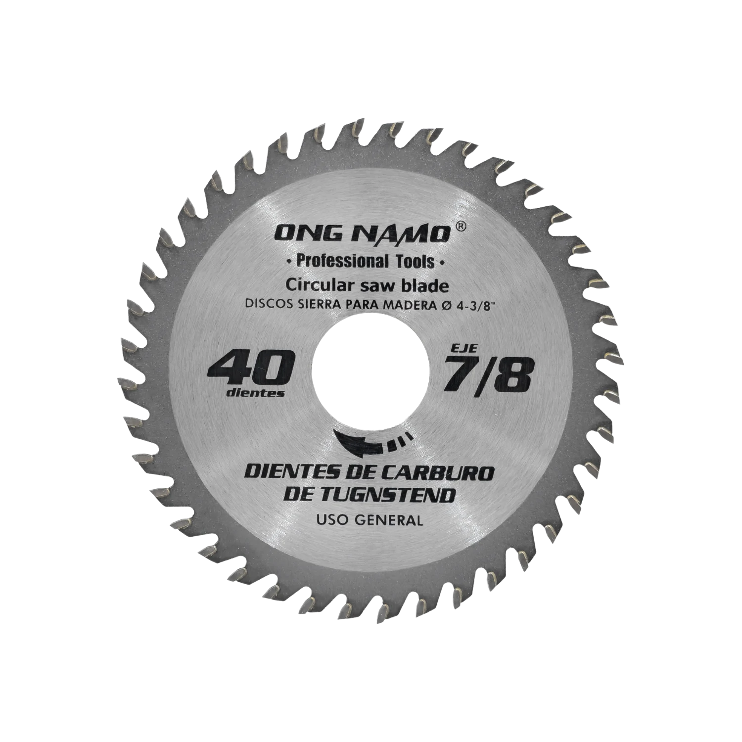 Disco sierra circular ONG NAMO 4 3/8" para madera, 40 dientes carburo tungsteno, eje 7/8"